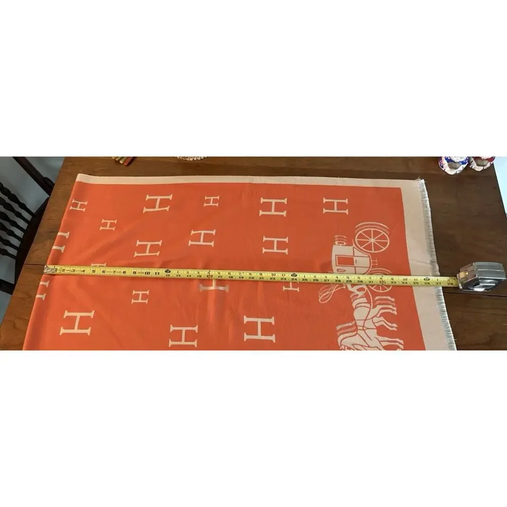 Oversized Cashmere Wrap Shawl Orange Ivory Equestrian Reversible Fringe Scarf